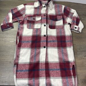 C+D+M Shacket Women Large Long Fleece Duster Jacket Coat Red Blue Tartan Plaid M